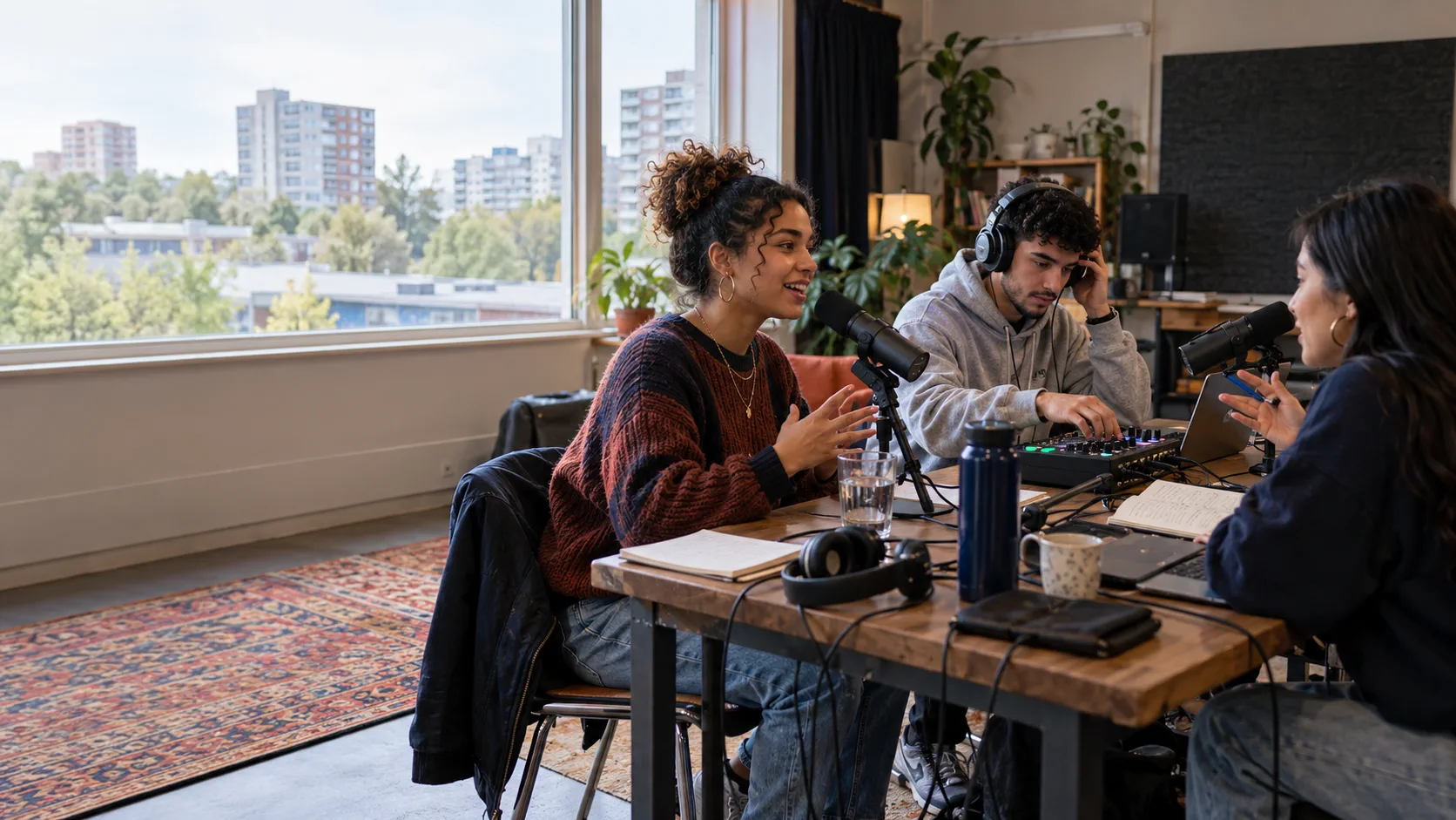 Jonge mediamakers werken samen aan een podcastopname